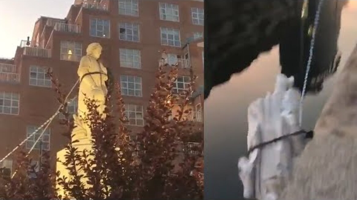 Protesters pull down Columbus statue in Baltimore and throw it into harbour