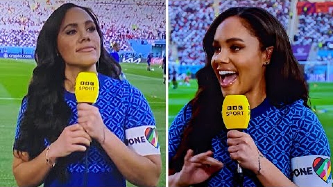 Alex Scott wears the 'One Love' armband during BBC coverage ahead of England World Cup opener
