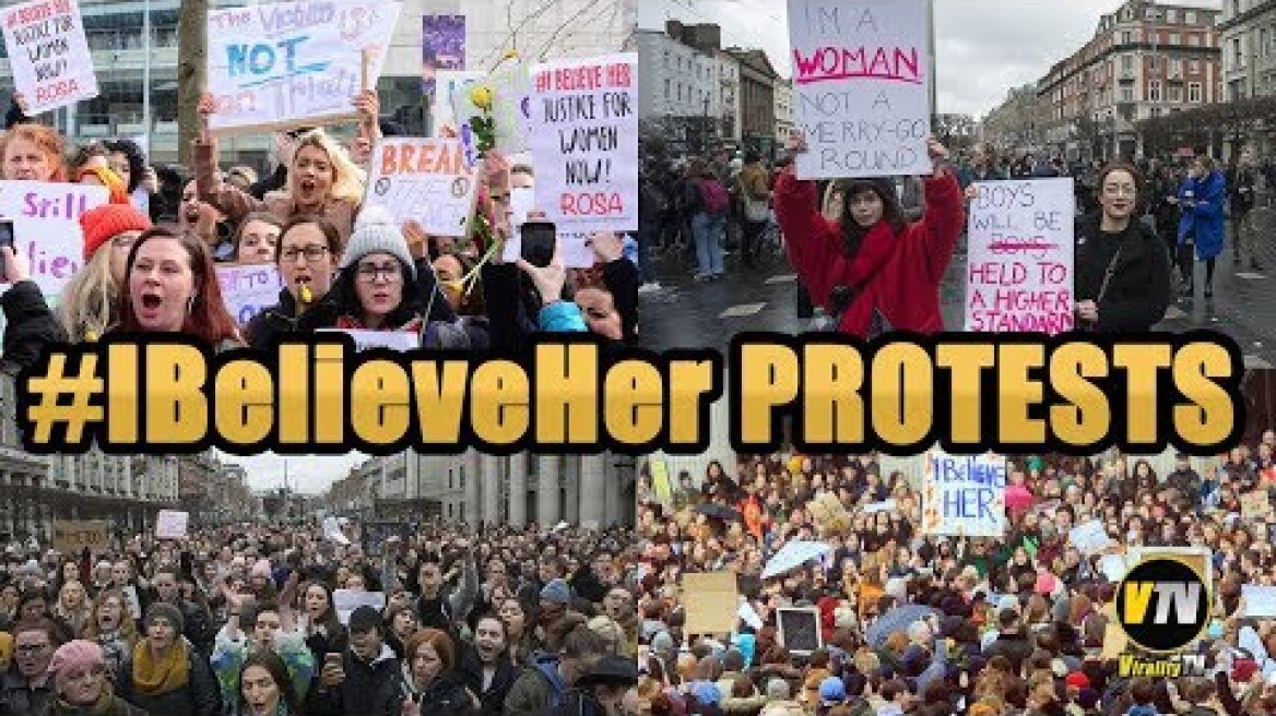 Huge Crowds at the Spire in Dublin #IBelieveHer Protests Ireland After 2 Rugby Stars Cleared of Rape