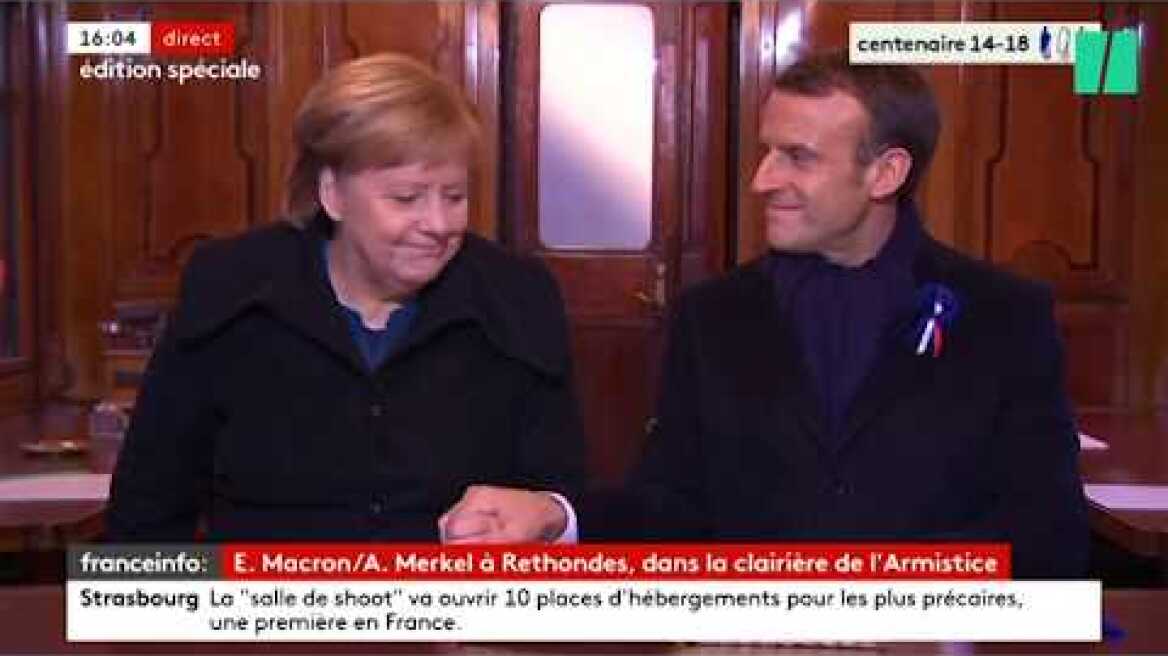 Les images de Macron et Merkel à Rethondes dans le wagon de l'Armistice