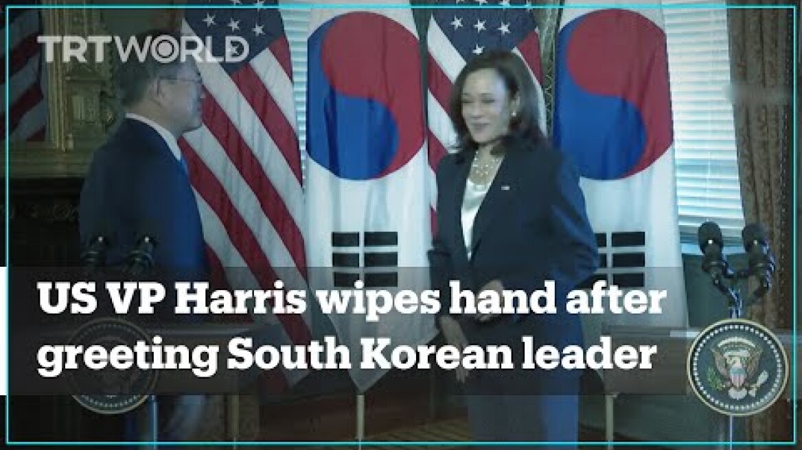 US VP Harris wipes hand after handshake with S Korean President