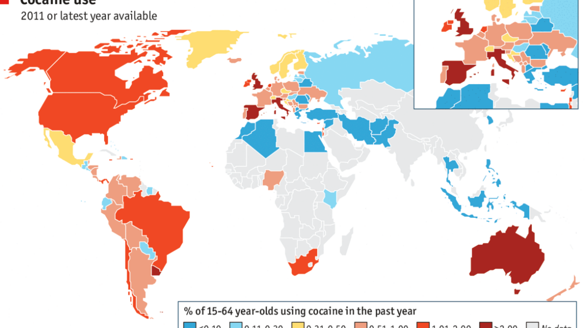 Ο παγκόσμιος χάρτης κατανάλωσης… κοκαΐνης από τον Economist