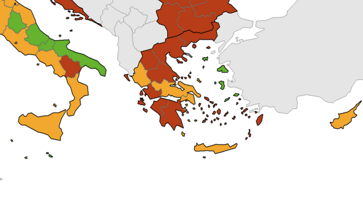 Χάρτης ECDC: «Κιτρίνισαν» Ήπειρος και Κρήτη - «Πράσινο» το βορειοανατολικό Αιγαίο