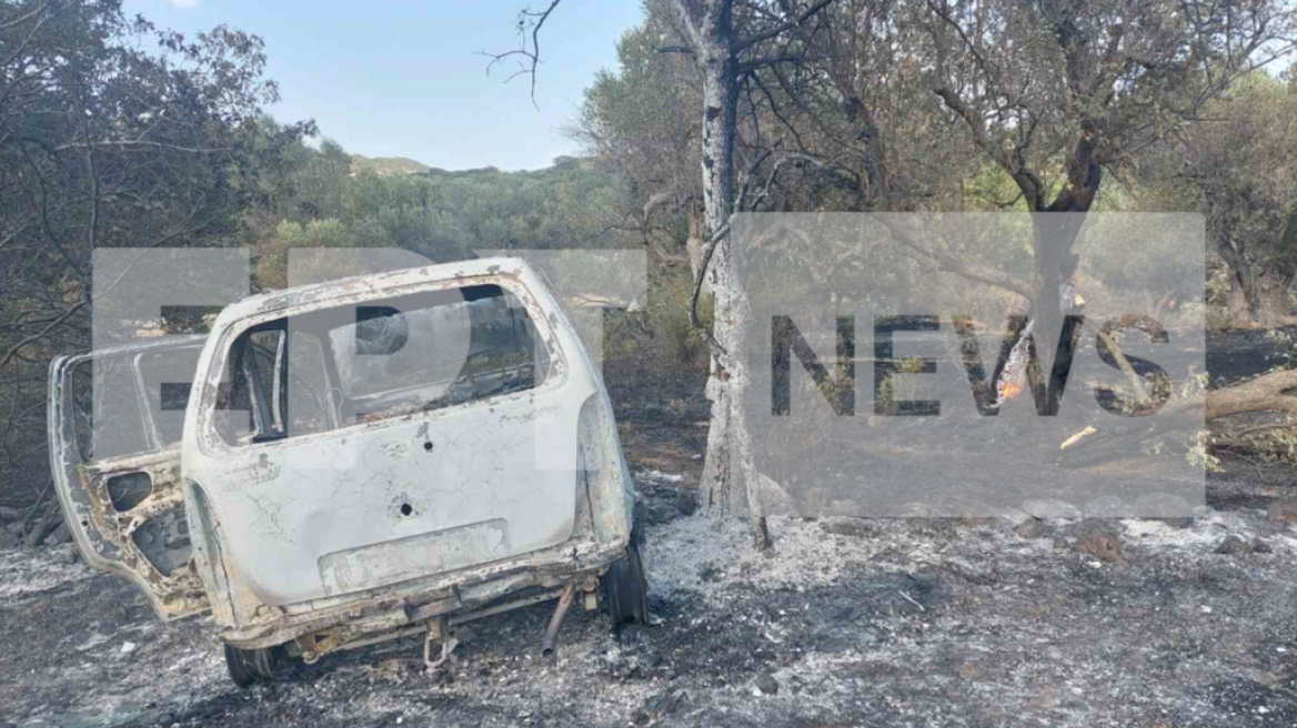 Φωτογραφία από το αυτοκίνητο που προσέκρουσε σε δέντρο και άρπαξε φωτιά στη Λέσβο - Νεκρός ο 82χρονος οδηγός 