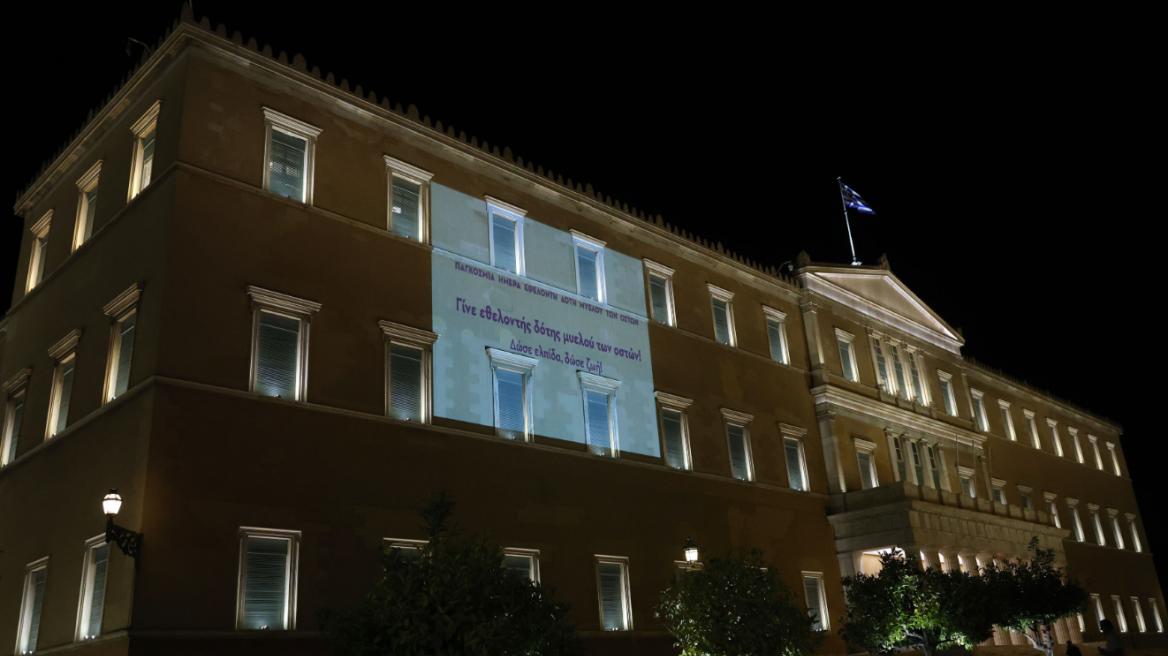 Φωτογραφίες: Η Βουλή φωταγωγήθηκε για να τιμήσει τους εθελοντές δότες μυελού των οστών