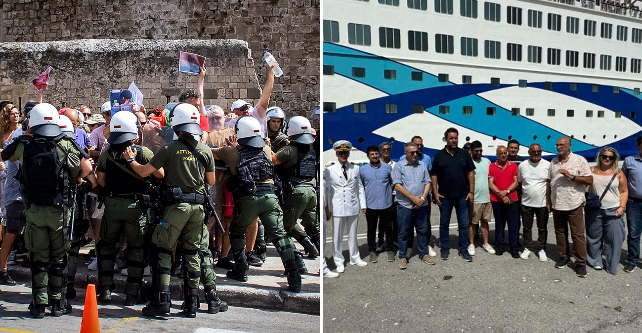 Δύο κόσμοι στη Ρόδο για τους Ισραηλινούς τουρίστες: Συγκέντρωση και συλλήψεις – Υποδοχή με γλυκά και κεράσματα