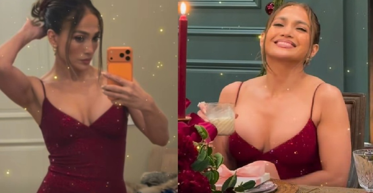 Η Τζένιφερ Λόπεζ με κόκκινο στενό φόρεμα άνοιξε το σπίτι της και ευχήθηκε Καλά Χριστούγεννα
