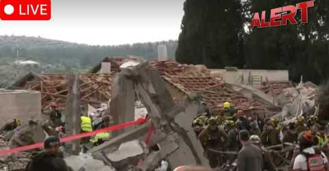 Live From ISRAEL: Security & Emergency Crew At The Site Of A Residential Building By Iranian Rocket