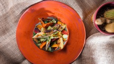 Ζεστή σαλάτα από καψαλισμένες ρίζες, λαχανικά και καπνιστή σάλτσα μελιτζάνας