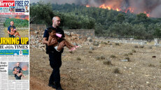 Φωτιά στα Δερβενοχώρια: Στα πρωτοσέλιδα εφημερίδων στη Βρετανία ο αστυνομικός που πήρε παιδιά στα χέρια