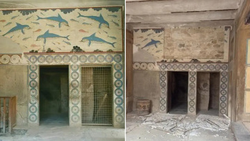 Κατέρρευσε  η τοιχογραφία με τα δελφίνια στο Ανάκτορο της Κνωσού - Δείτε φωτογραφίες