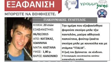 Έκκληση για αγνοούμενο 20χρονο φοιτητή στα Γιάννενα 