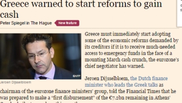 Ντάισελμπλουμ προς Αθήνα: Λεφτά το Μάρτιο, αλλά μόνο με μεταρρυθμίσεις