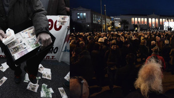 Χιλιάδες συνταξιούχοι διαδήλωσαν μοιράζοντας πενηντάρικα-χαρτοπετσέτες