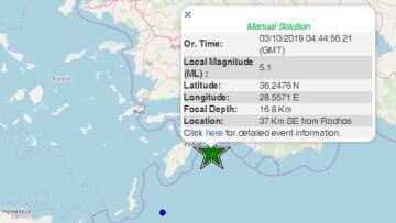 Σεισμός 5,1 Ρίχτερ νοτιοανατολικά της Ρόδου