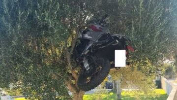 Κρήτη: Μοτοσικλέτα... απογειώθηκε και «καρφώθηκε» σε δέντρο στο Λασίθι - Δείτε φωτογραφίες