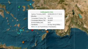 Ισχυρή σεισμική δόνηση 5,8 Ρίχτερ στα ανοιχτά της Ρόδου