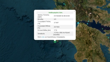Σεισμός 4,5 Ρίχτερ στα ανοιχτά της Ζακύνθου