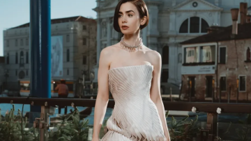 Το φόρεμα της Λίλι Κόλινς είναι στολισμένο με φτερά και πέταλα
