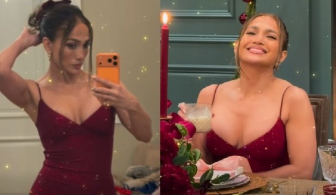 Η Τζένιφερ Λόπεζ με κόκκινο στενό φόρεμα άνοιξε το σπίτι της και ευχήθηκε Καλά Χριστούγεννα
