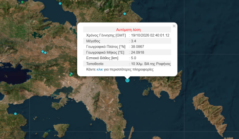 Σεισμός 3.4 Ρίχτερ ανοιχτά της Ραφήνας