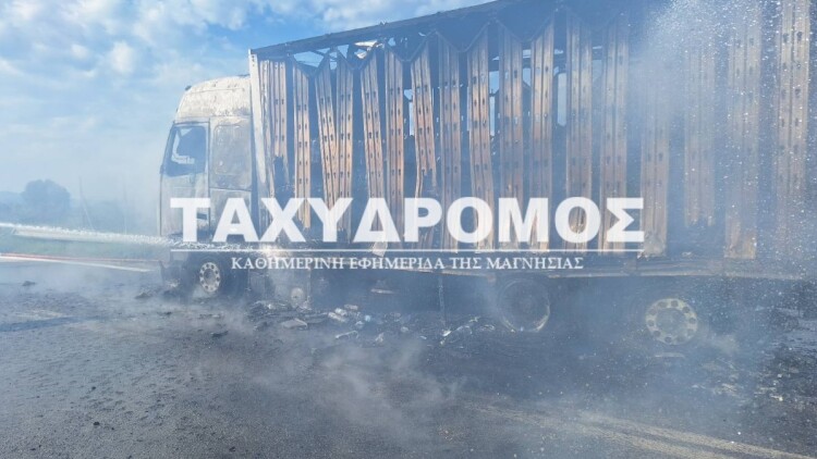 Φορτηγό λαμπάδιασε εν κινήσει στον Αλμυρό, επί τόπου η Πυροσβεστική