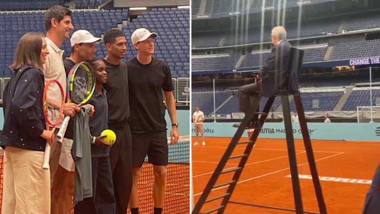 Ναδάλ, Κουρτουά έπαιξαν διπλό στο τένις στο Μπερναμπέου με τους Σίνερ, Μπέλιγχαμ και με... διαιτητή τον Φλορεντίνο Πέρεθ, βίντεο 