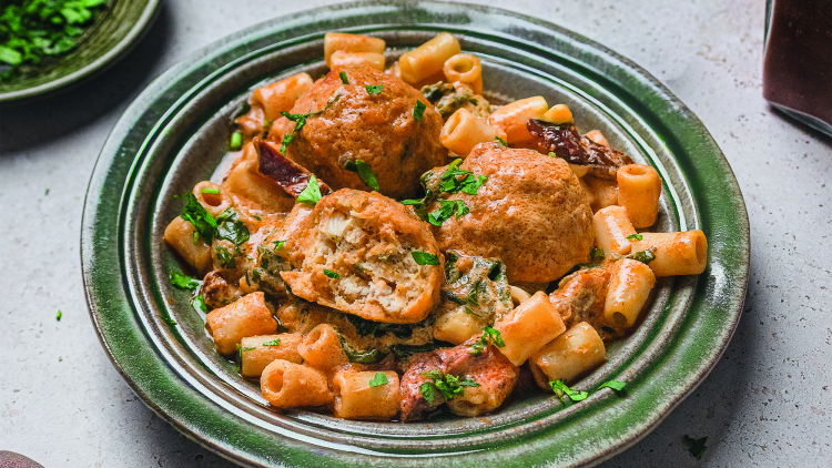 Κεφτεδάκια σε σάλτσα με λιαστή ντομάτα, σπανάκι και κοφτό μακαρονάκι
