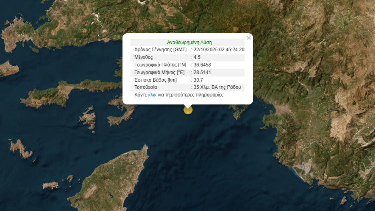Σεισμός 4,5 Ρίχτερ στα ανοιχτά της Ρόδου