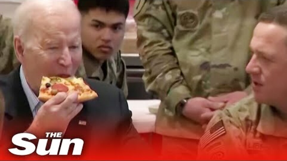 President Biden has pizza with US troops stationed in Poland on the Ukraine border