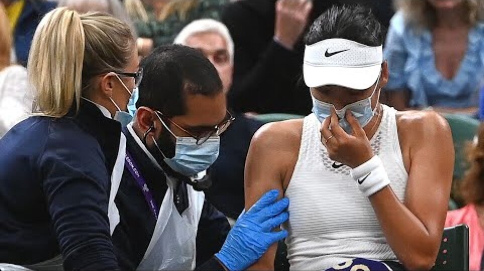 Emma Raducanu leaves court at Wimbledon after breathing difficulties