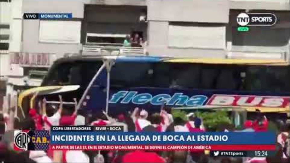 Footage of Boca Juniors bus windows being thrown in by River supporters
