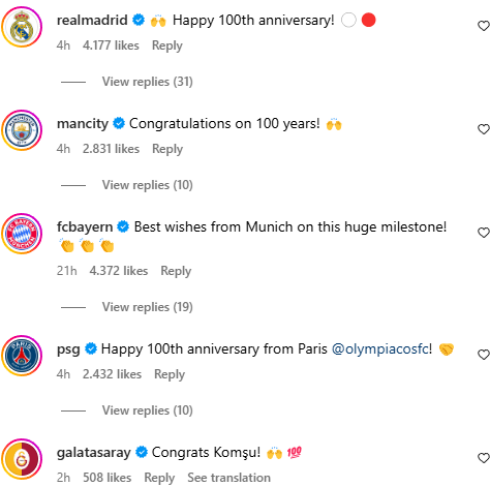 Ευχές από Ρεάλ, Μπάγερν, Μίλαν, Ίντερ, Σίτι και Παρί στον Ολυμπιακό για τα 100ά γενέθλιά του - Φωτογραφία