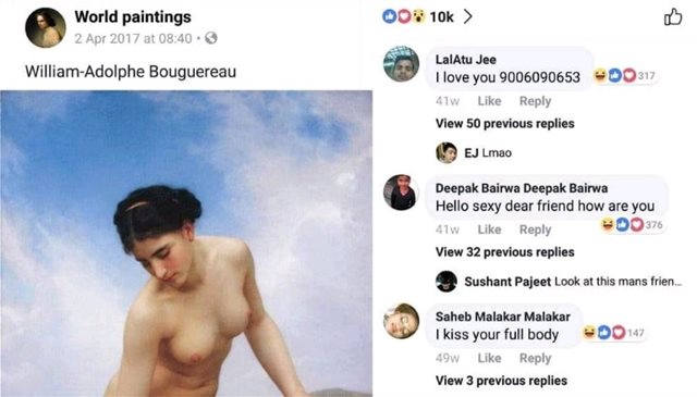Φλερτ από χρήστες του Facebook σε γυμνή γυναίκα που αναπαρίσταται σε πίνακα