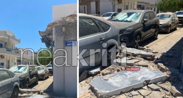 Κατέρρευσε τμήμα ταράτσας από κτίριο στο Ηράκλειο - Ζημιές σε ΙΧ, δείτε φωτογραφίες