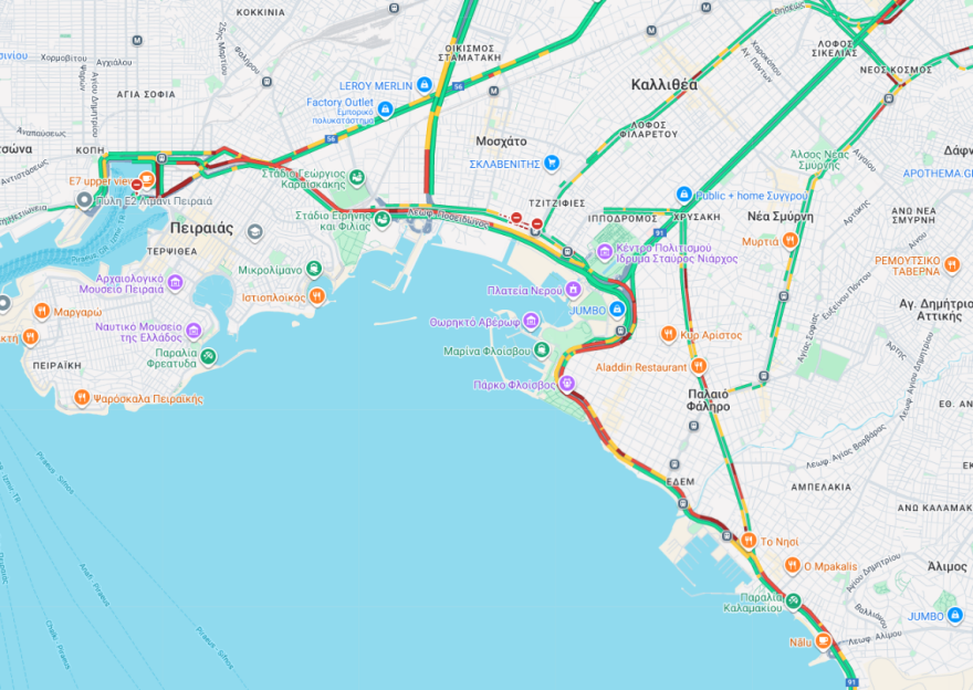 Η κίνηση στους δρόμους τώρα live: Μποτιλιάρισμα στην Παραλιακή, στο «κόκκινο» Κηφισός, Σκαραμαγκάς - Καλύτερη η εικόνα στην Αττική Οδό 