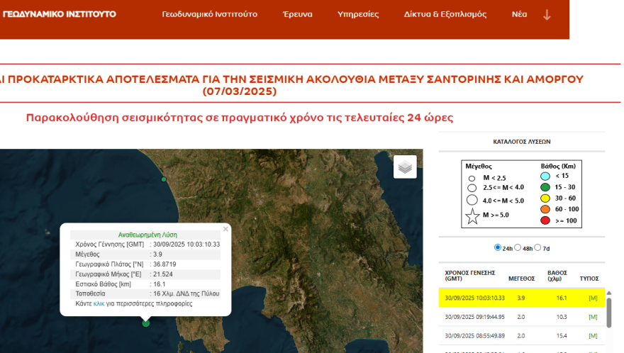 Σεισμός τώρα 3,9 Ρίχτερ ανοιχτά της Πύλου 