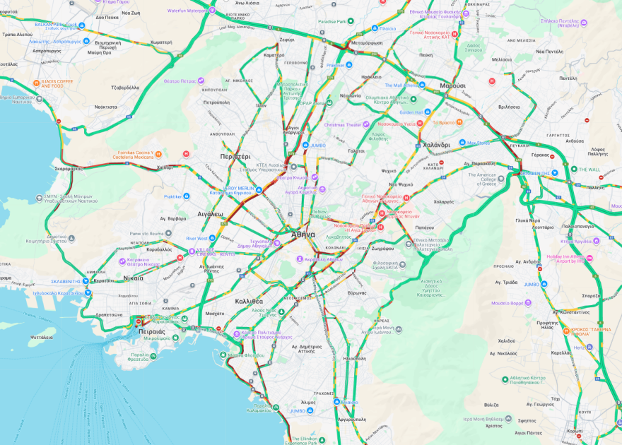 Κίνηση τώρα 28/11: Μποτιλιάρισμα  σε Κηφισό, παραλιακή και Σκαραμαγκά, με προβλήματα και η Παραλιακή