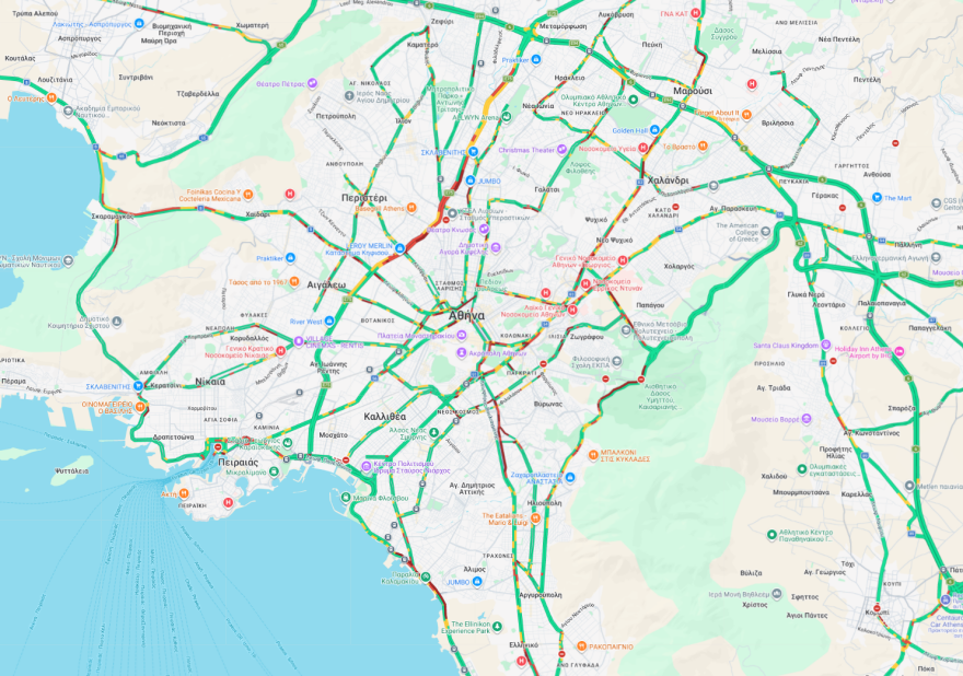 Κίνηση στους δρόμους: Μεγάλο μποτιλιάρισμα σε Κηφισό, Σκαραμαγκά και κέντρο - Στο κόκκινο και η Παραλιακή