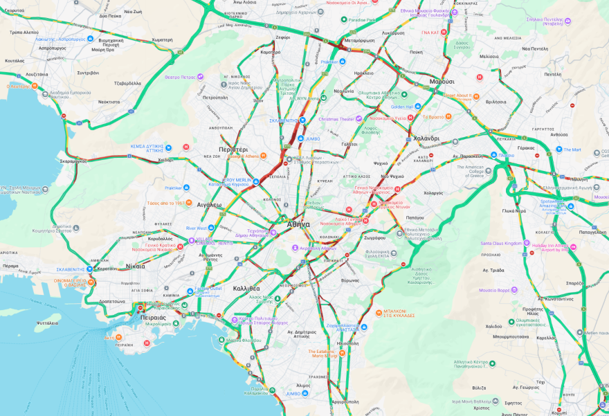 Live η κίνηση τώρα στους δρόμους: Μποτιλιάρισμα σε Κηφισό και Λεωφόρο Αθηνών, 30λεπτες καθυστερήσεις στην Αττική Οδό 
