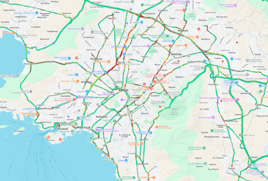 Live η κίνηση στους δρόμους: Μποτιλιάρισμα σε Κηφισό, Κηφισίας, και κέντρο - 30λεπτες καθυστερήσεις στην Αττική Οδό 