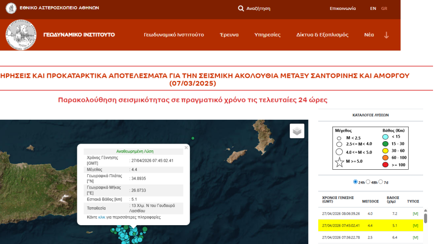 Διπλός σεισμός άνω των 4 Ρίχτερ στα ανοιχτά του Λασιθίου