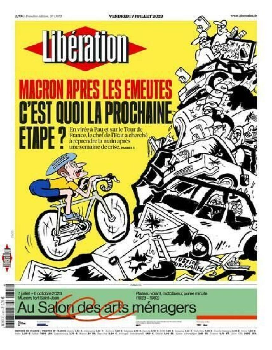 Γαλλία - «Καυστικό» σκίτσο της Liberation: Ο Μακρόν κάνει ποδήλατο πάνω από τα συντρίμμια των ταραχών
