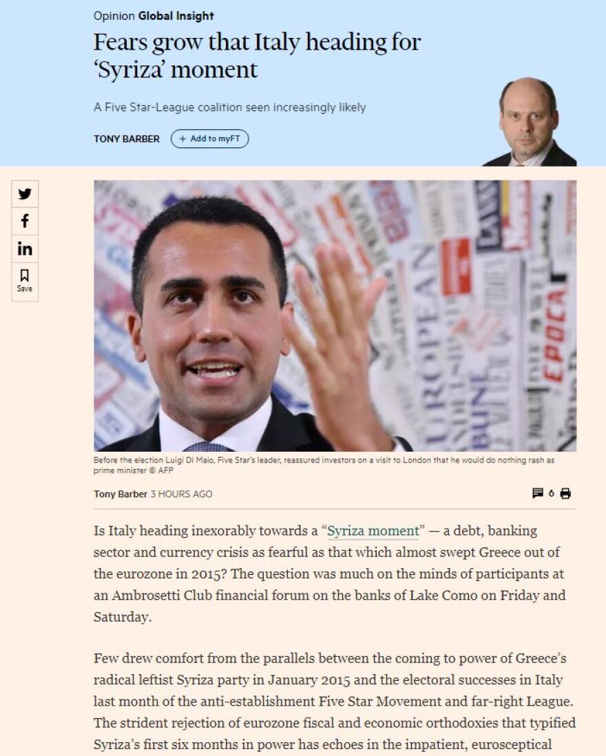 Financial Times: Όλοι φοβούνται ότι η Ιταλία κατευθύνεται για τη δική της «στιγμή ΣΥΡΙΖΑ»