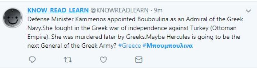 «Μπουρλότο» στο Twitter από την απόφαση Καμμένου για την Μπουμπουλίνα