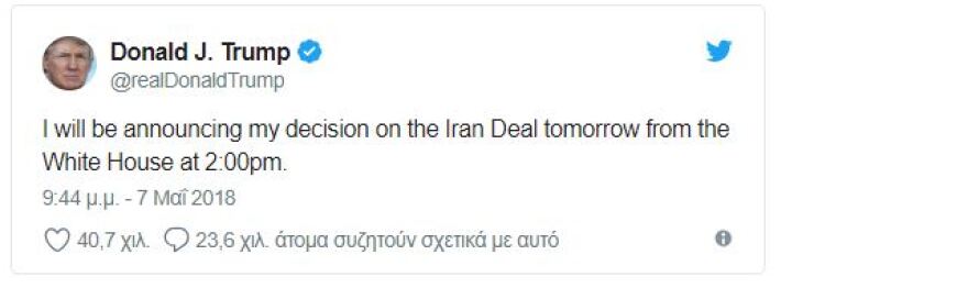 Tο tweet του Τραμπ για το Ιράν «ροκάνισε» τα κέρδη στη Wall