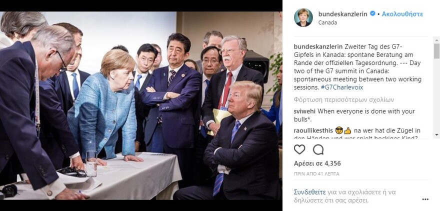 Ενυπωσιακή φωτό: Μέρκελ εναντίον Τραμπ -  Έφυγε ο Αμερικανός πρόεδρος από το G7 στον Καναδά