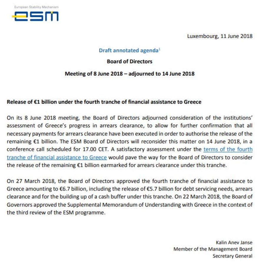 ESM: Την Τετάρτη η συνεδρίαση για τη δόση του €1 δισ. 