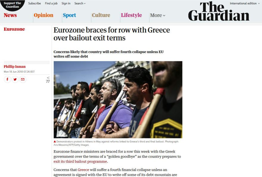 Guardian: Κίνδυνος οικονομικής κατάρρευσης για την Ελλάδα αν δεν διαγραφεί μέρος του χρέους