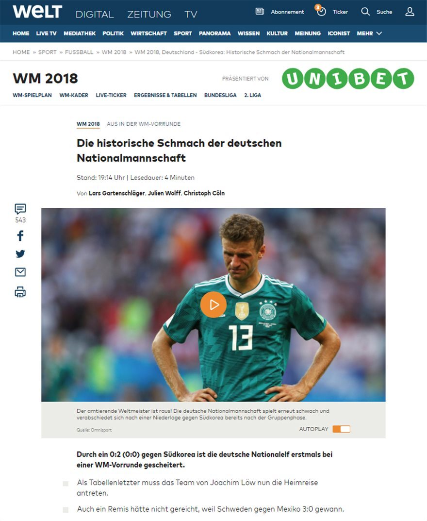 Μουντιάλ 2018: Σοκ στη Γερμανία από τον αποκλεισμό - «Πριονοκορδέλα» από τα ΜΜΕ σε Λεβ και παίκτες 